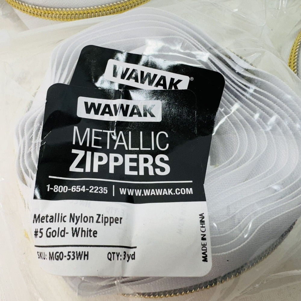 10 Pack Wawak #5 Gold Metallic Nylon Coil Continuous Zipper Roll - 3 Yds. White - Picture 2 of 2